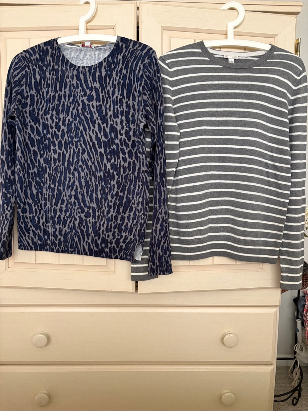 2 for $15!!GAP Women's Navy Leopard Print & Gray White Striped Crewneck Sweaters